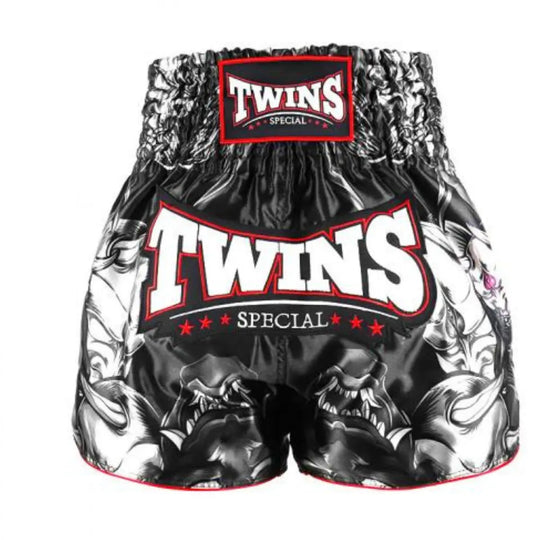 Zwart Twins kickboksbroekje met wit logo en agressieve Oni-print
