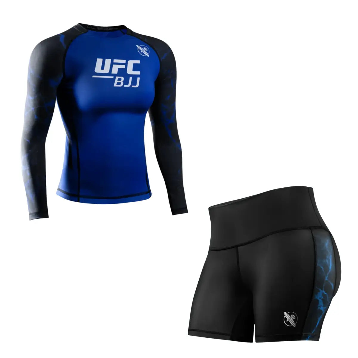 Productfoto van een UFC BJJ dames set met een blauwe long sleeve rashguard en een zwarte short met blauwe accenten, afgebeeld tegen een witte achtergrond.
