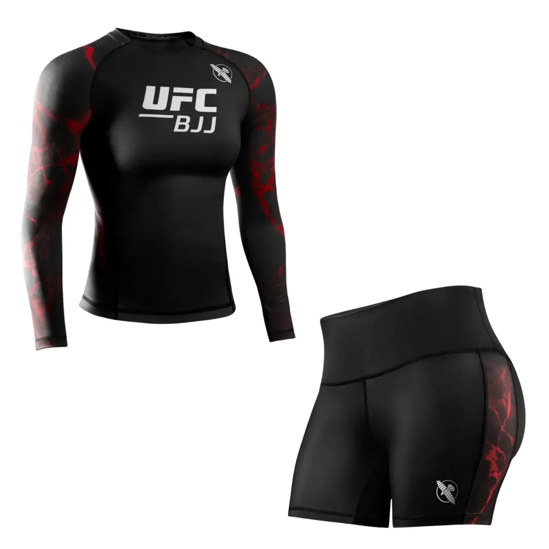 Productfoto van een UFC BJJ dames set met een zwarte long sleeve rashguard en zwarte short, beide voorzien van rode accenten, afgebeeld tegen een witte achtergrond.