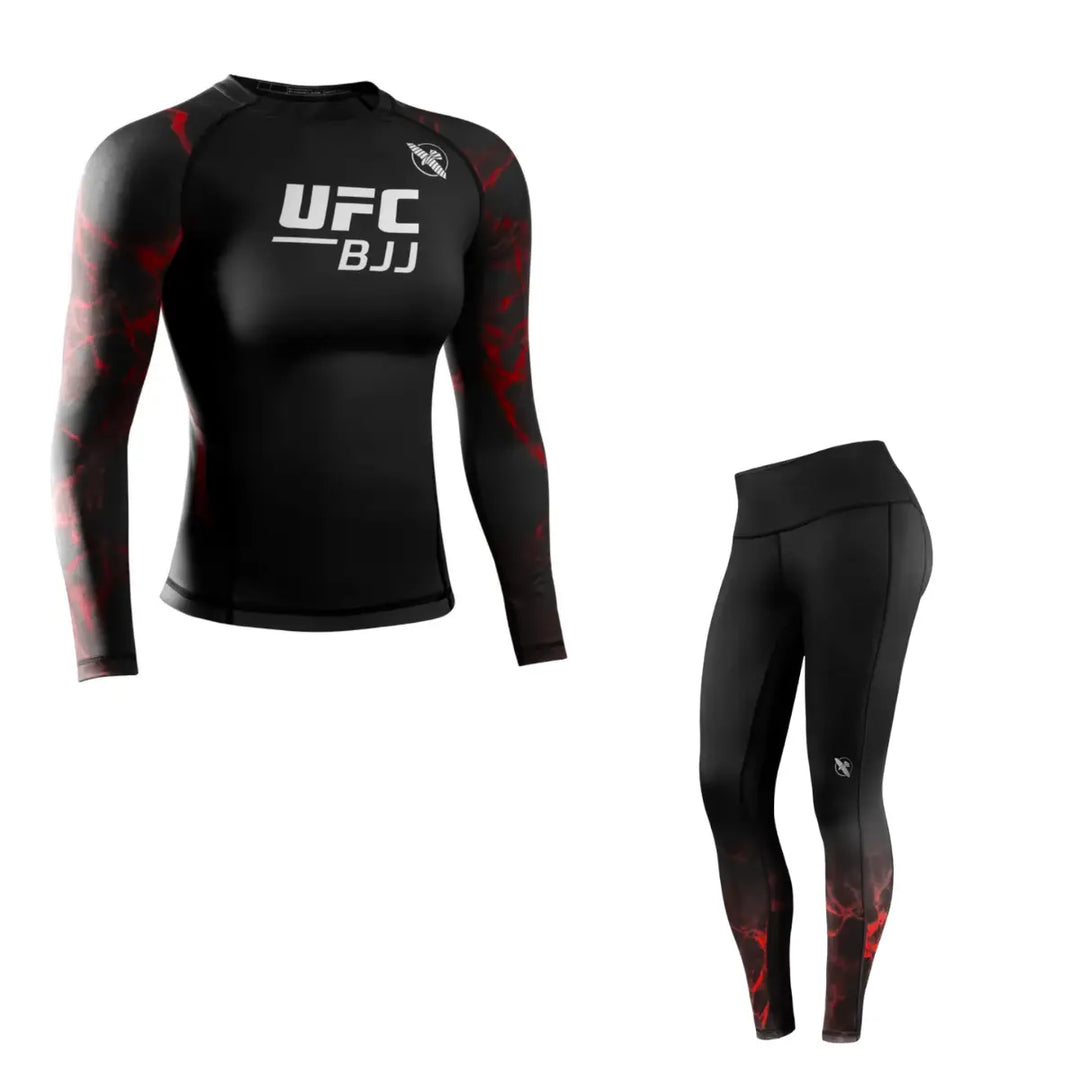 Productfoto van een UFC BJJ set bestaande uit een zwarte long sleeve rashguard met rode accenten en bijpassende zwarte sportleggings met rode details, afgebeeld tegen een witte achtergrond.