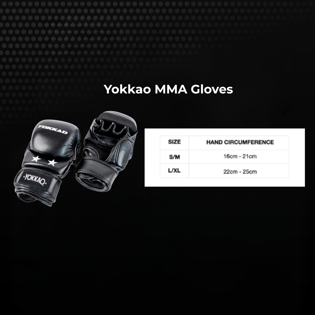 Yokkao MMA Handschoenen Zwart met maattabel op basis van handomtrek. De afbeelding helpt MMA-vechters bij het kiezen van de juiste maat handschoenen voor training in de gym.