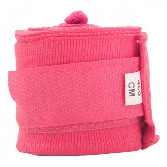 Opgerolde roze Booster bandage met label van 460 cm.