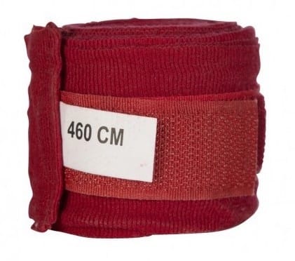 Opgerolde bordeauxrode Booster bandage met label van 460 cm.