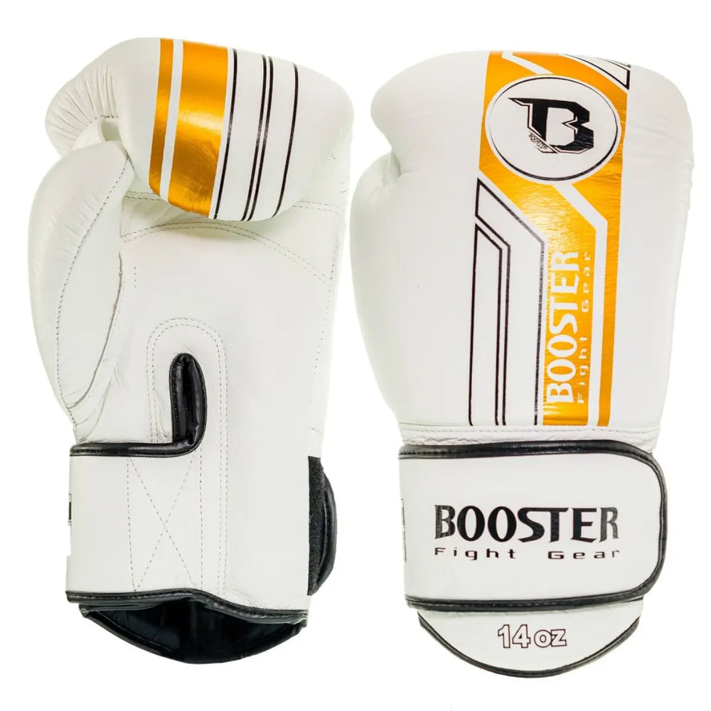 Booster BGL V9 bokshandschoenen van premium leer, wit met metallic goud en zwarte details. De maat is 14oz. Getoond: paar handschoenen, voor- en binnenzijde.

