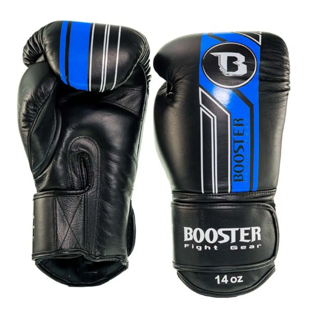 Paar Booster BGL V9 bokshandschoenen in de kleurstelling zwart met een felblauwe streep en witte details. De maat is 14oz. Getoond: buitenkant en binnenkant van de handschoenen.