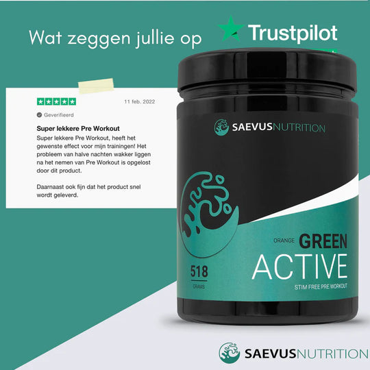 Een klantenbeoordeling van Saevis Nutrition Green Active Pre-Workout op Trustpilot.