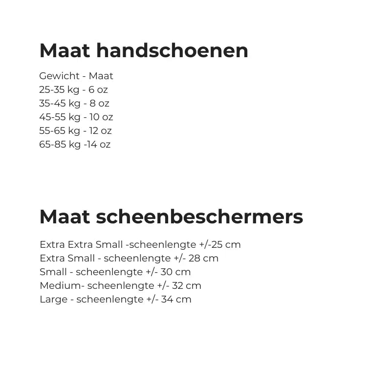 Super Pro Warrior set maattabel met bokshandschoenen per gewichtsklasse en scheenbeschermers per scheenlengte in cm, ideaal voor kickboksen en bokstraining