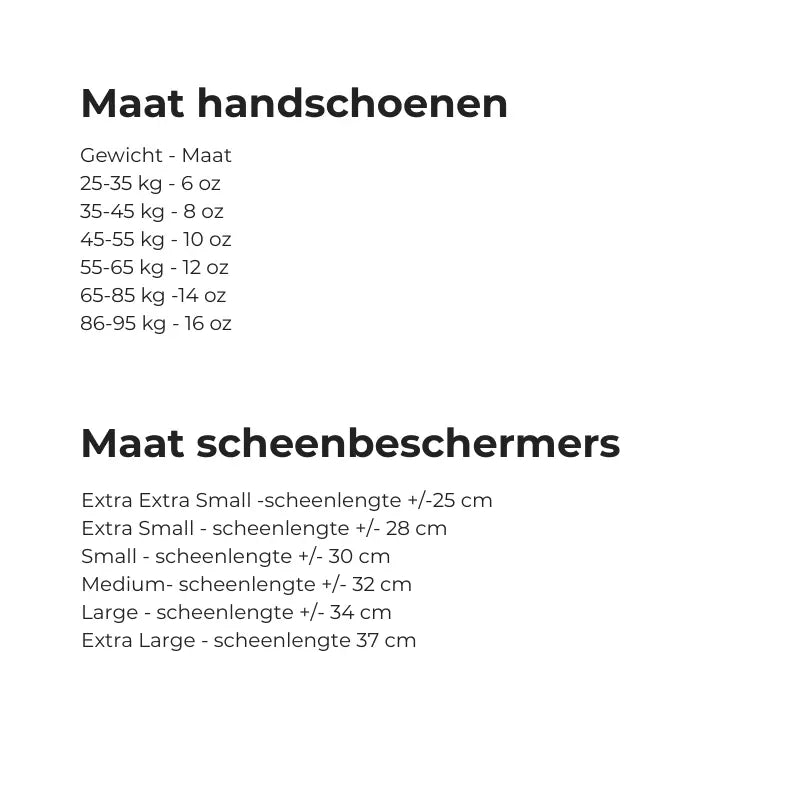 Super Pro Warrior set zwart maattabel met overzicht van bokshandschoenen per gewichtsklasse en scheenbeschermers per scheenlengte in cm, geschikt voor kickboksen en bokstraining