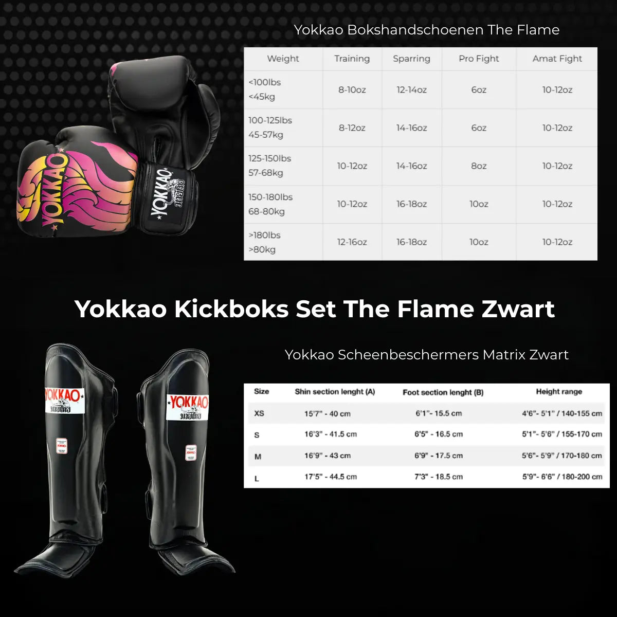 Overzicht van de Yokkao Kickboks Set The Flame Zwart met zwarte bokshandschoenen met roze en gele vlamprint en zwarte scheenbeschermers, inclusief maattabellen voor handschoenen op basis van gewicht en scheenbeschermers op basis van lengte.