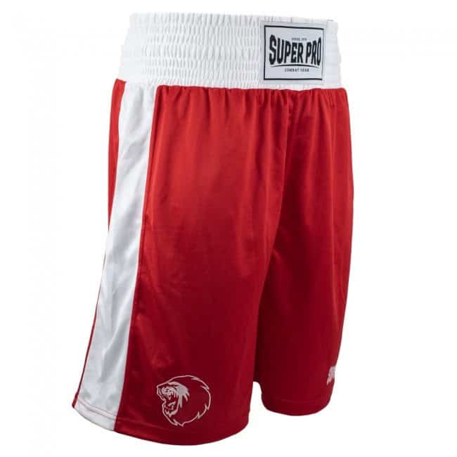 Rode boksshort met brede elastische witte tailleband en witte zijstrepen. Lichtgewicht, ademend materiaal voor optimaal comfort en bewegingsvrijheid tijdens het boksen. Voorzien van het Super Pro logo en een leeuw-design op het been.








