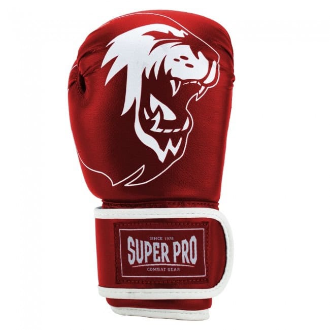 Rode kickbokshandschoen voor kinderen met wit Super Pro logo en klittenbandsluiting.