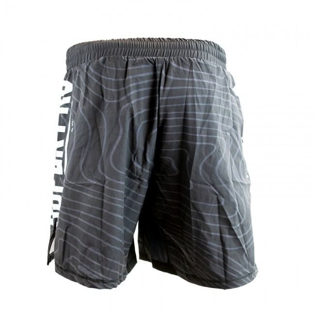 Achteraanzicht van de Super Pro MMA Short grijs met elastische taille en all-over topo-print