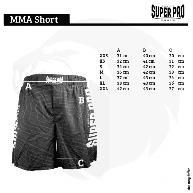 Super Pro MMA Short grijs – maattabel met meetpunten A (taille), B (lengte) en C (pijpopening) voor maten XXS–XXL