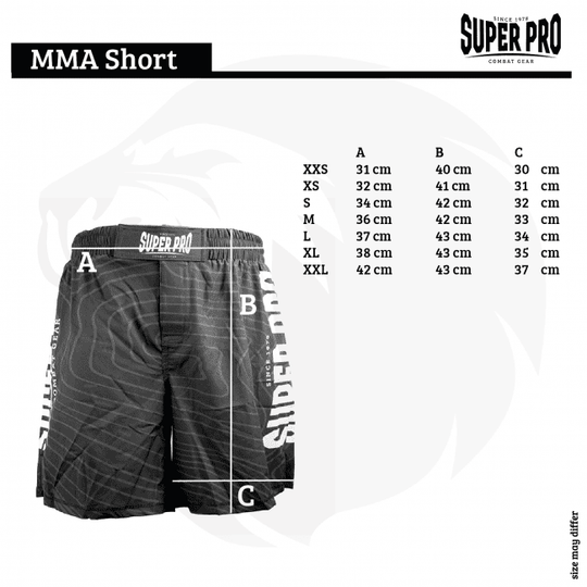 Super Pro MMA Short grijs – maattabel met meetpunten A (taille), B (lengte) en C (pijpopening) voor maten XXS–XXL