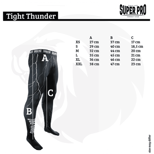 Super Pro sportlegging Thunder grijs – maattabel met meetpunten A taille, B beenlengte, C enkelomtrek voor maten XS–XXL