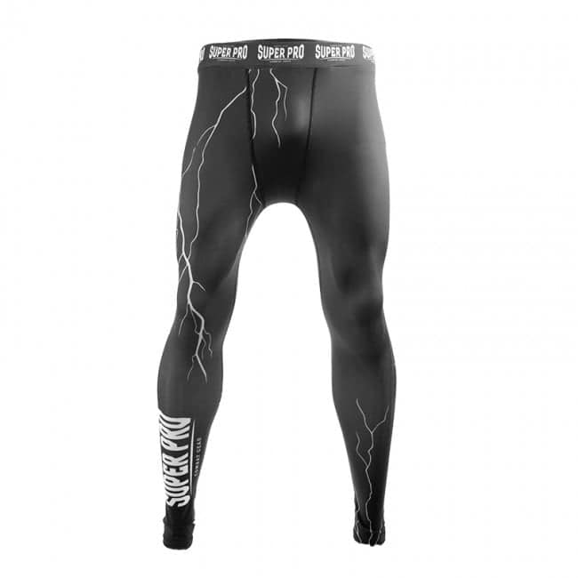 Vooraanzicht Super Pro Thunder sportlegging grijs met bliksemprint en SUPER PRO-logo op het onderbeen