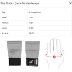 Maattabel voor Hayabusa Quick Gel Wrap binnenhandschoenen naast een illustratie die laat zien hoe de handomtrek gemeten moet worden.