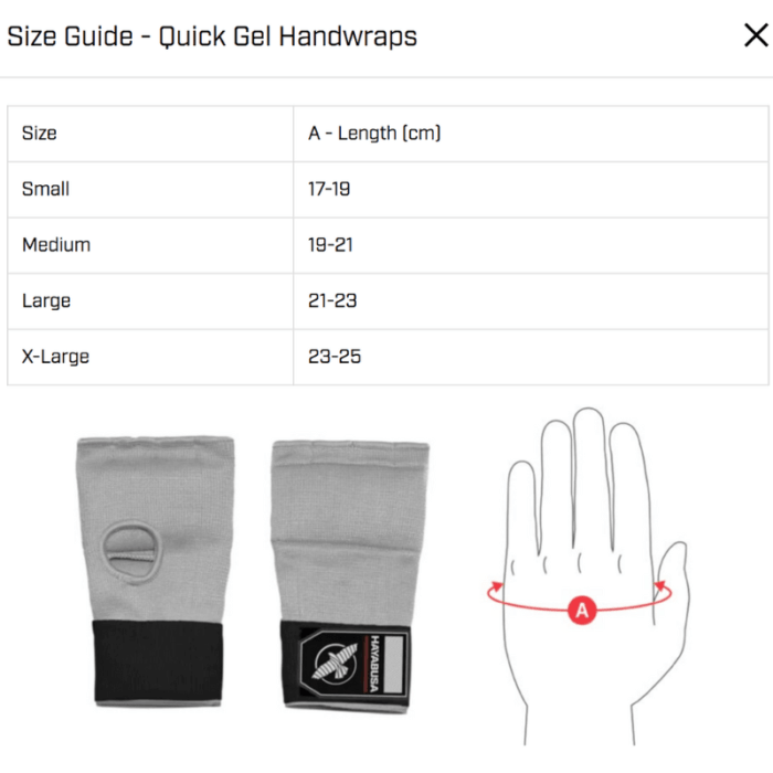 Maattabel voor Hayabusa Quick Gel Wrap binnenhandschoenen naast een illustratie die laat zien hoe de handomtrek gemeten moet worden.