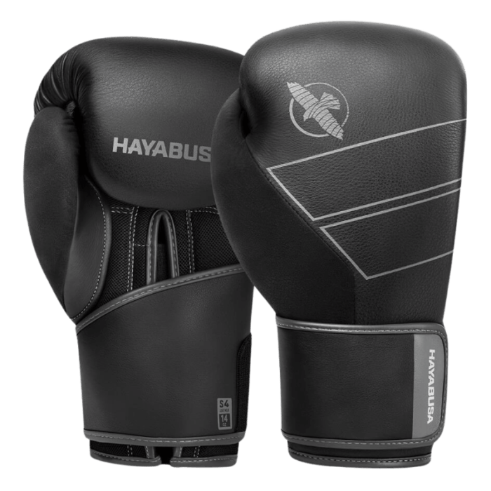 Een paar Hayabusa Bokshandschoenen S4 Leather in zwart, frontaal weergegeven met het Hayabusa valk-logo in zicht en witte accentlijnen.