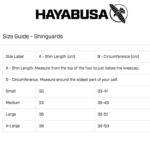 Maattabel voor Hayabusa T3 Striking scheenbeschermers met de specificaties voor de maten Small, Medium, Large en X-Large.