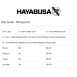 Maattabel voor Hayabusa T3 Striking scheenbeschermers met de specificaties voor de maten Small, Medium, Large en X-Large.