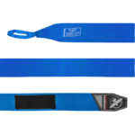 Een volledig uitgestrekte Hayabusa Perfect Stretch Bandage in blauw, met 'THIS SIDE UP' tekst aan het ene uiteinde en een zwart klittenbandstuk aan het andere, naast het scherp afgebeelde Hayabusa-logo.