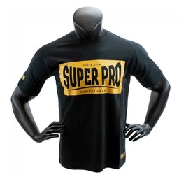 Vooraanzicht van een zwart Super Pro combat T-shirt met geel logo.