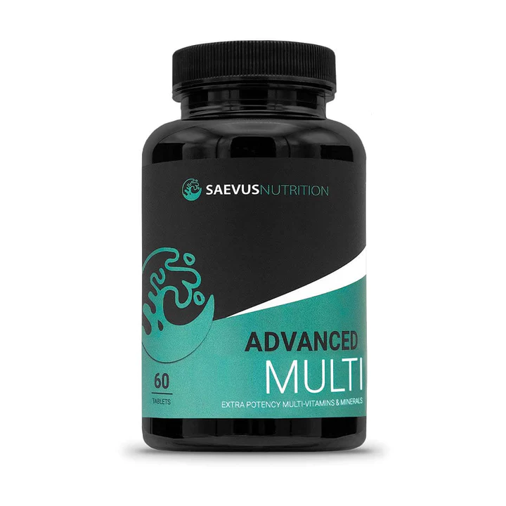 Een pot 'Advanced Multi' vitaminen en mineralen van Saevis Nutrition met extra krachtige formule.