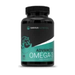 Een fles 'Advanced Omega-3' voedingssupplement van Saevis Nutrition, met specificaties van 1000mg, EPA 295mg en DHA 420mg.