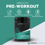 Een productafbeelding van 'Green Active Pre-Workout' van Saevis Nutrition met pictogrammen die de voordelen aangeven zoals prestatieverbetering, focus en uithoudingsvermogen.