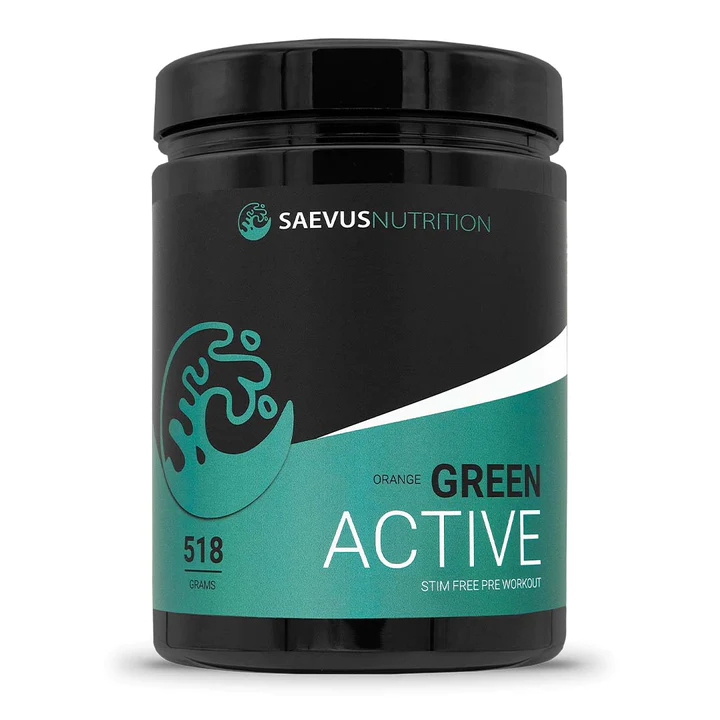 Een pot van Saevis Nutrition Green Active Pre-Workout supplement in de smaak orange.