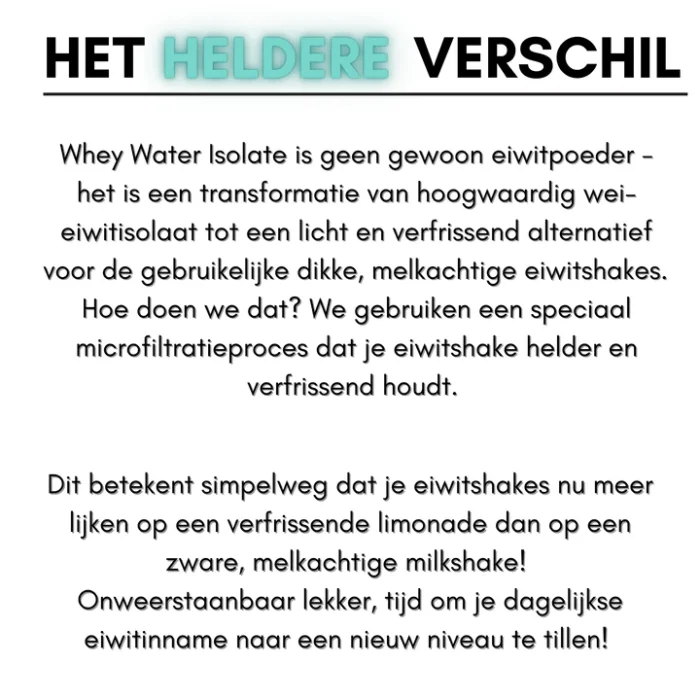 Tekstafbeelding met uitleg over het product 'Whey Water Isolate', beschrijvend als een licht en verfrissend alternatief voor traditionele eiwitshakes.
