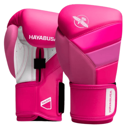 Hayabusa T3 Neon Pink bokshandschoenen met witte accenten en klittenbandsluiting.