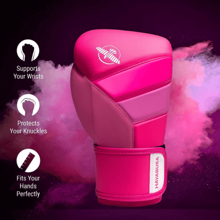Promotionele afbeelding van Hayabusa T3 Neon Pink bokshandschoenen die de polsondersteuning benadrukt.