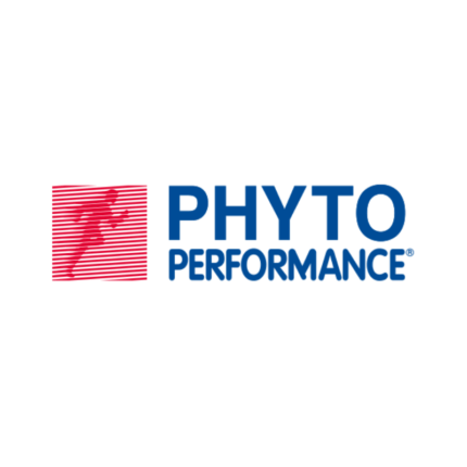 "Phyto Performance" logo: Een rode menselijke figuur in beweging tegen een gestreepte achtergrond binnen een blauwe cirkel, wat duidt op dynamische beweging en vitaliteit, waarschijnlijk een merk dat gerelateerd is aan het verbeteren van sportprestaties door natuurlijke middelen.