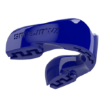 Sportieve kobaltblauwe gebitsbeschermer met 'SAFEJAWZ' logo en uniek ontwerp voor extra grip.