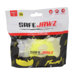 Verpakking van een neon gele SafeJawz mondbeschermer met 'FluoRyte' design, zichtbaar door het doorzichtige deel van de zwarte verpakking.
