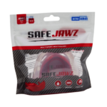 Verpakking van een SafeJawz multisport mondbeschermer in rood, gepresenteerd in een zwarte verpakking met een doorzichtig venster.