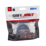 Verpakking van SafeJawz Intro Series mondbeschermer in zwart, voor volwassenen van 12 jaar en ouder, met vermelding van FLUIDFIT™, JAW SECURE™ en REMODEL TECH™ kenmerken.
