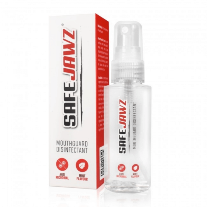 Verpakking van 'SAFEJAWZ' mondbeschermer desinfecterende spray met mint smaak.