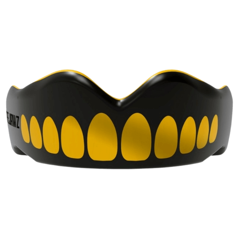 Effen zwarte SafeJawz mondbeschermer met geel tandenontwerp, sterke bescherming voor sportactiviteiten.