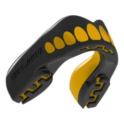 SafeJawz mondbeschermer met zwart en geel design, pre-gevormde basis en flexibele pasvorm voor optimale bescherming.
