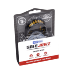 Verpakking van een SafeJawz mondbeschermer uit de Extro Series met zwart en geel design, voor 12+ jaar, inclusief perfecte pasvorm garantie.