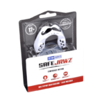 Verpakking van SafeJawz mondbeschermer uit de Extro Series met snorontwerp, 12+ jaar en perfecte pasvorm garantie.