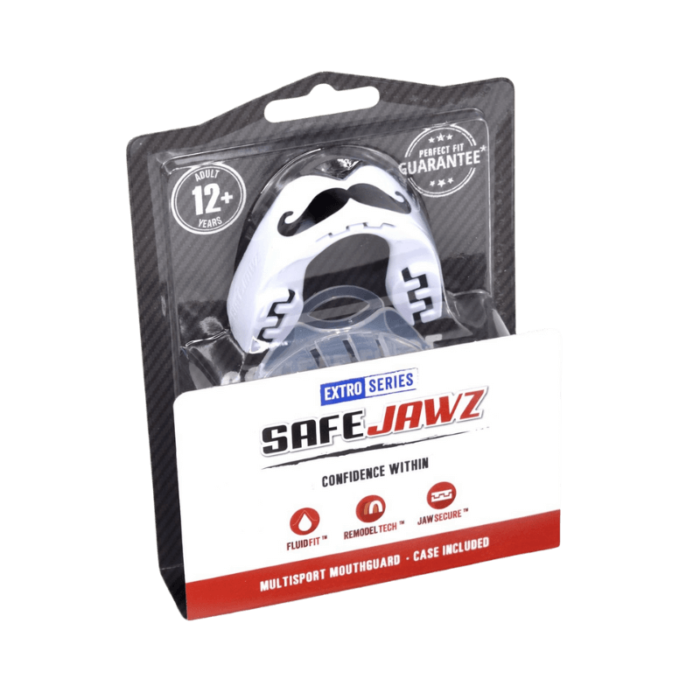 Verpakking van SafeJawz mondbeschermer uit de Extro Series met snorontwerp, 12+ jaar en perfecte pasvorm garantie.