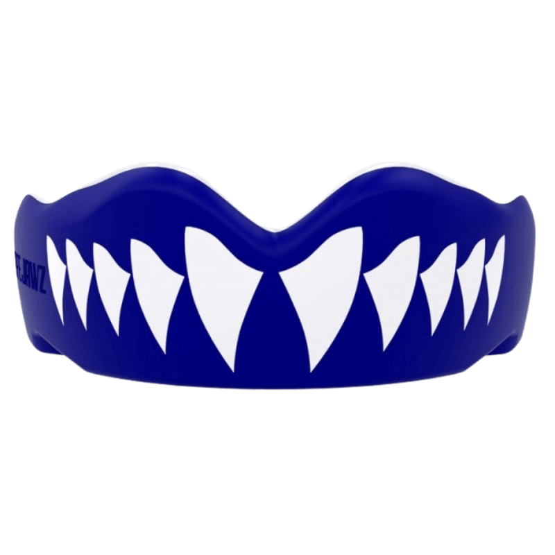 Een bovenaanzicht van een blauwe SafeJawz mondbeschermer met wit tanden design en zwarte contourlijnen langs de tanden.