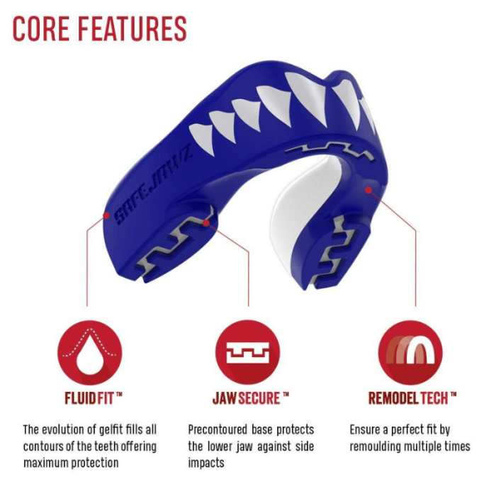Verpakking van een SafeJawz mondbeschermer met blauw-witte haai-tanden ontwerp, aangeboden als multisport gebitsbeschermer met een case.
