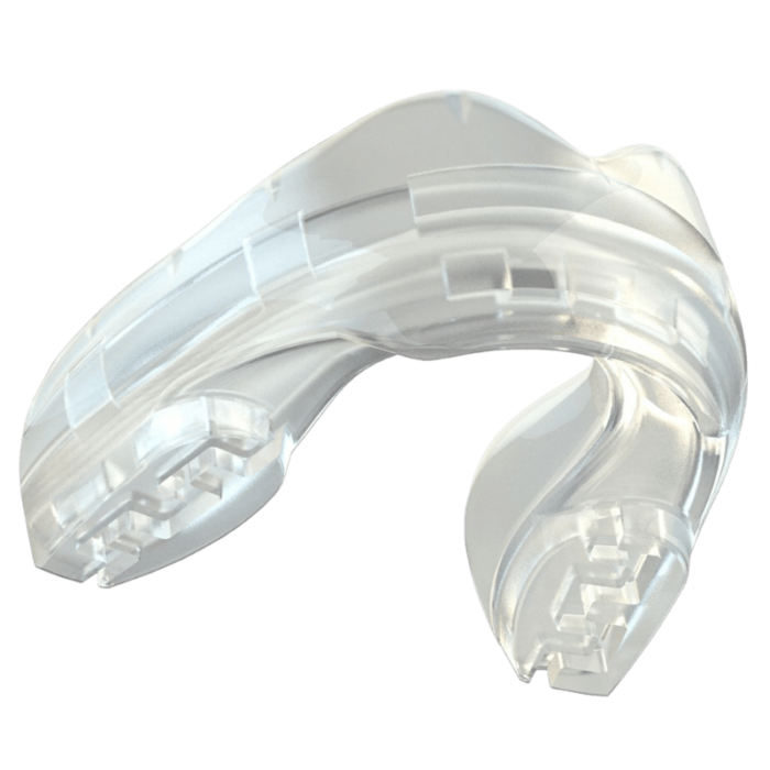 Transparante mondbeschermer met geavanceerde vormgeving en technologie voor comfort en bescherming.