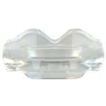 Een transparante orthodontische SafeJawz mondbeschermer, met gedetailleerde ribbels en groeven voor stabiliteit en pasvorm.