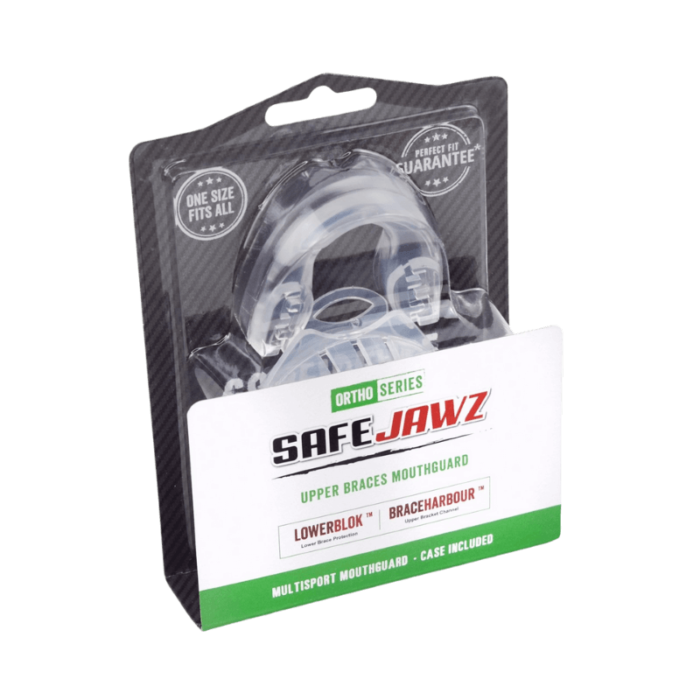 Verpakking van SafeJawz 'Ortho Series' mondbeschermer, met labels voor 'upper braces mouthguard' en 'one size fits all', en een doorzichtig venster waardoor de mondbeschermer zichtbaar is.